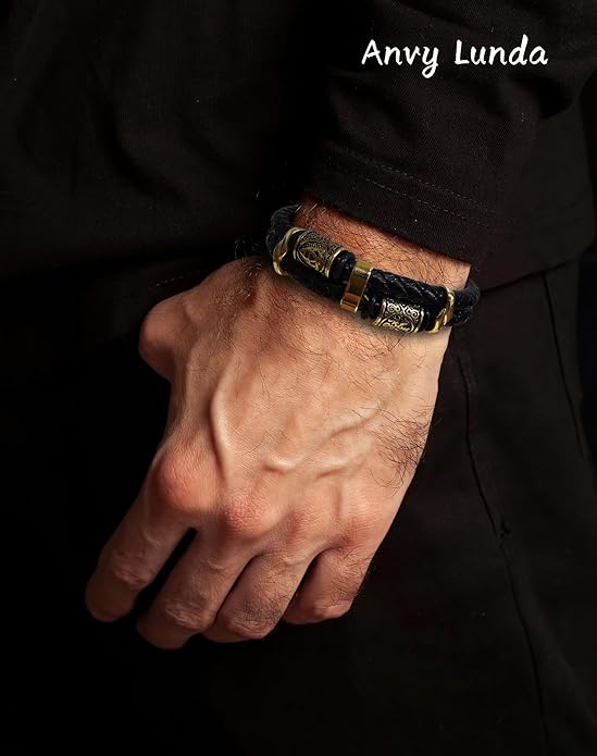 Viking Compass Celtic Knot Bracelet, Mens 14K Gold Plated Black Braided Leather Cuff, 316L Stainless Steel Jewelry for Women Friend Father Husband Son