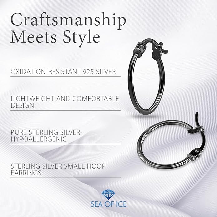 SEA OF ICE 925 Sterling Silver Hoop Earrings for Women - Hypoallergenic Earrings for Women in Sterling Silver, Yellow Gold, Rose Gold or Black Rhodium | Sizes 12MM, 15MM, 20MM or Multipack