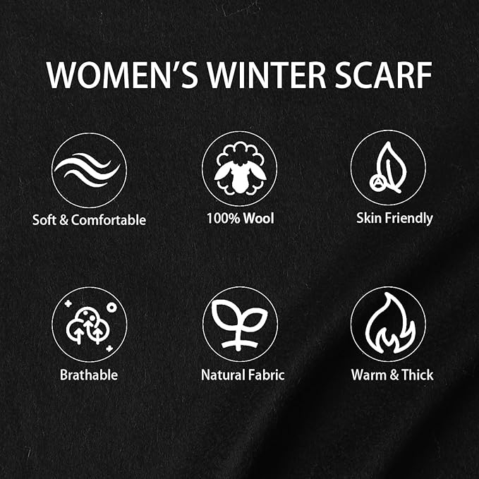 WASALUYA Wool Scarf for Women & Men, 100% Wool Scarves Wrap Shawl with Tassels, Elegant Soft Winter Scarf for Fall and Winter