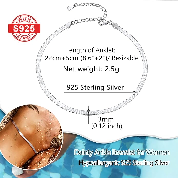 PROSILVER 925 Sterling Silver Ankle Bracelets For Women, Stylish Chain Anklets, Summer Beach Jewelry, 8.6-10.6 Inch Adjustable, Come with Box