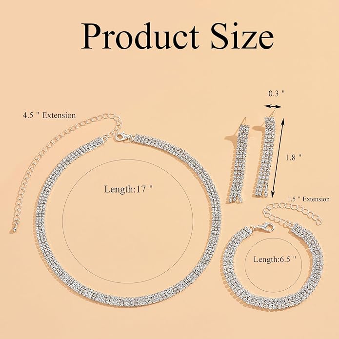 Crystal Wedding Jewelry Set, Silver Necklace Earrings Bracelet Crystal Bridal Wedding Jewelry Sets for Brides Bridesmaid Prom Costume Accessories