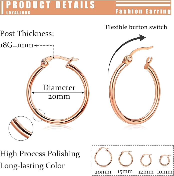 LOYALLOOK Gold Hoop Earrings Set Stainless Steel Rounded Small Hoop Earrings Set for Women Cute Huggie Earrings Nickel Free 10/12/15/20MM