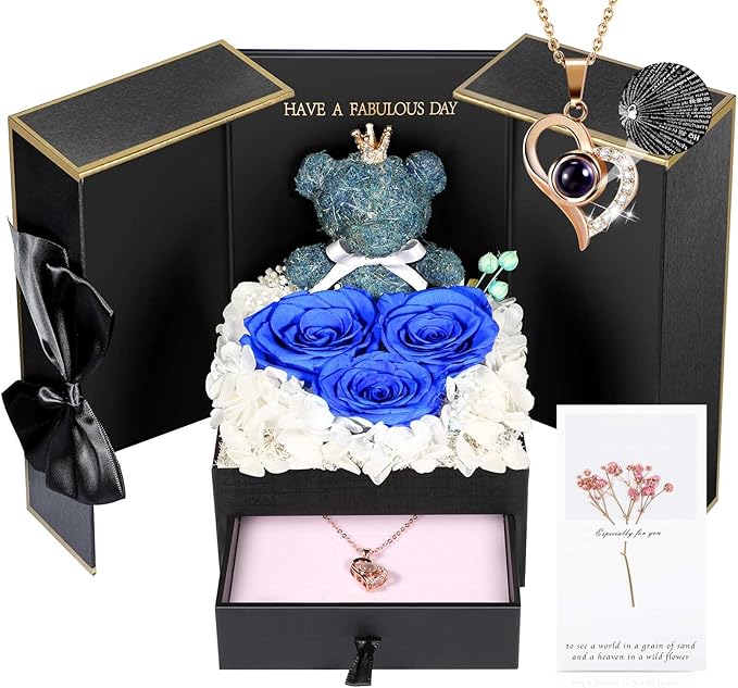 ADDWel Rose Gifts for Women - Preserved Real Roses Forever Blue Flowers with I Love You in 100 Languages Necklace and Cute Moss Bear for Girlfriend Wife Mom Grandma on Birthdays, Anniversaries