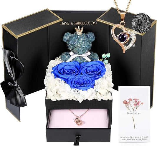 ADDWel Rose Gifts for Women - Preserved Real Roses Forever Blue Flowers with I Love You in 100 Languages Necklace and Cute Moss Bear for Girlfriend Wife Mom Grandma on Birthdays, Anniversaries