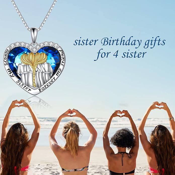 POPKIMI 925 Sterling Silver Sister Necklace - Birthday Gift for Sisters, Mom, Daughter - Always My Sister Forever My Friend Crystal Necklace for 2/3/4/5 Sisters