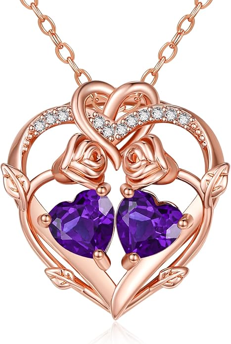Rose Gold Necklaces for Women Double Birthstone Rose Flower Heart Pendant Necklace Jewelry Anniversary Christmas Valentine's Mother's Day Birthday Gift for Wife Mom Her Girlfriend Sister