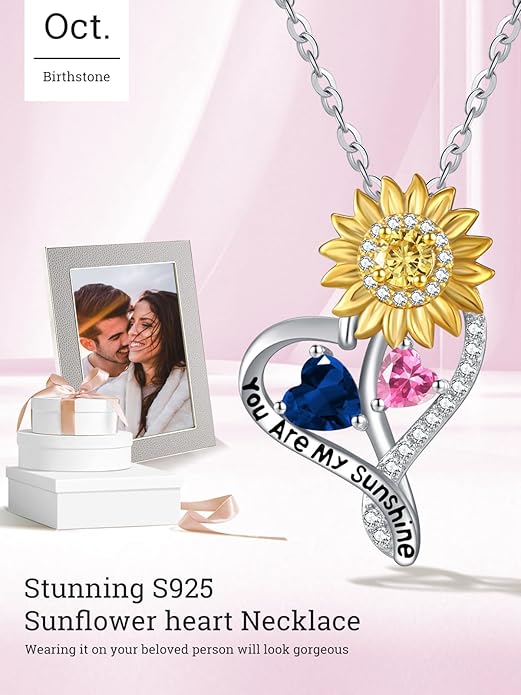 Zeuslia Double Birthstone Necklace Gifts for Wife - 925 Sterling Silver Sunflower/Rose/Crown Cross/Compass/Heart Pendant I Love You Necklace, Anniversary Birthday Gifts for Wife Girlfriend Mom Her