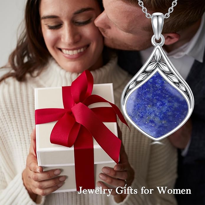 Teardrop Necklace 925 Sterling Silver Vintage Natural Gemstone Pendant Jewelry Birthday Christmas Gifts for Women Mom