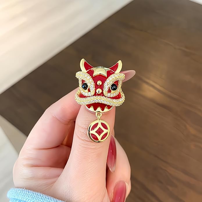Chinese Lion Dance Brooch, Vintage Enamel Floral & Cat Eye Pearl Adjustable Lapel Pin for Women & Men – Traditional Asian Style Awakening Lion Brooch for Jacket, Blazer, Scarf, Qipao, Wedding, Festival Gift (Gold/Red/Blue)
