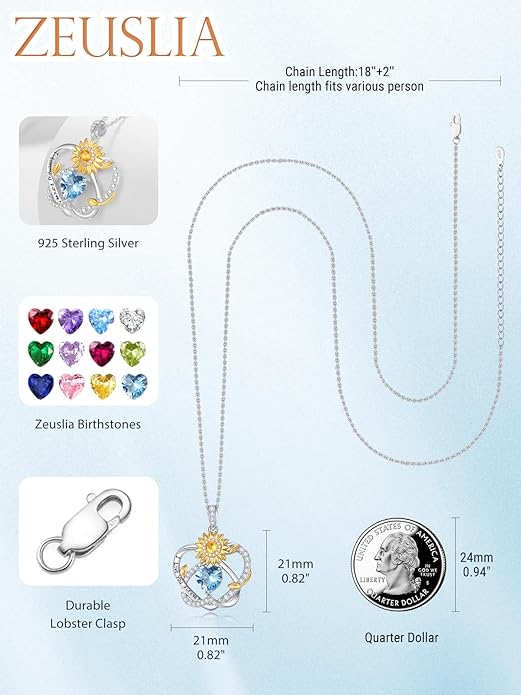 Zeuslia Double Birthstone Necklace Gifts for Wife - 925 Sterling Silver Sunflower/Rose/Crown Cross/Compass/Heart Pendant I Love You Necklace, Anniversary Birthday Gifts for Wife Girlfriend Mom Her