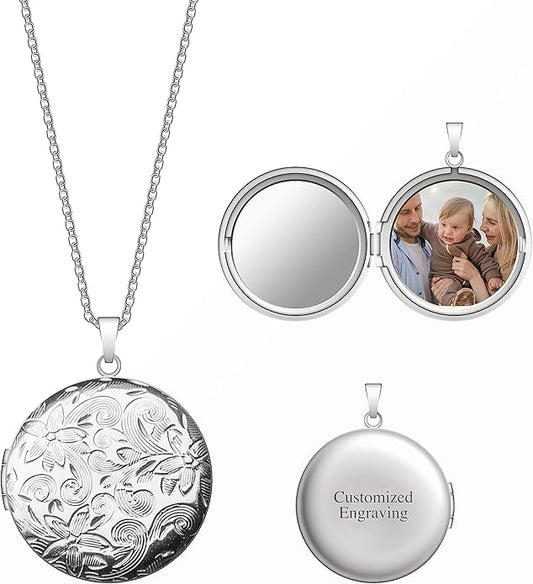 Locket Necklace for Women Girls, 18” Jewelry Chain, Picture Photo Inside, Cadenas para mujer, Personalized Custom Name Gold Locket, Customized Couples Locket, Silver, Rose Gold, Gold