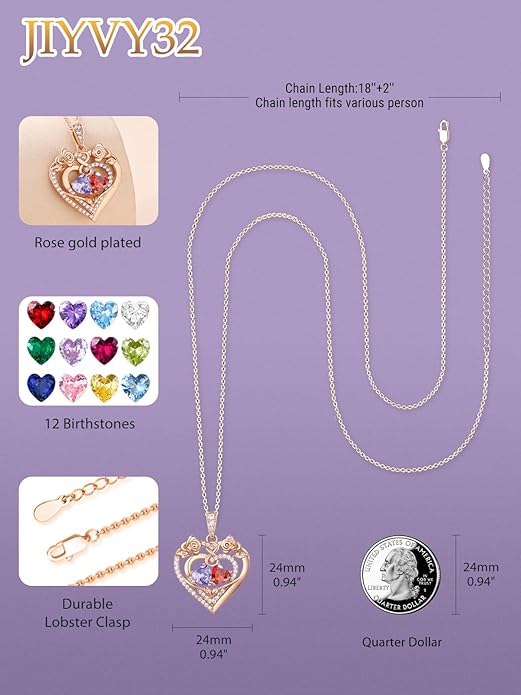 JIYVY32 Rose Heart Necklace for Women Exquisite 925 Sterling Silver Anniversary Birthday Gifts for Wife Mom Her Double Birthstone Pendant Jewelry