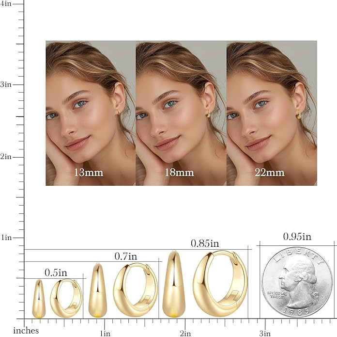 Gold Hoop Earrings for Women 14K Gold Earrings for Women Design Hypoallergenic Lightweight Gold Hoop Earrings Hoops 13 MM/18 MM/22 MM