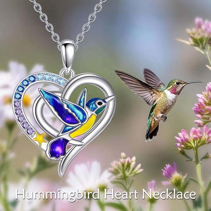 Hummingbird Necklace Hummingbird Necklaces for Women Sterling Silver 925 Purple Blue Hummingbird's Heart Pendant Jewelry Memorial Mothers Day Christmas Gifts