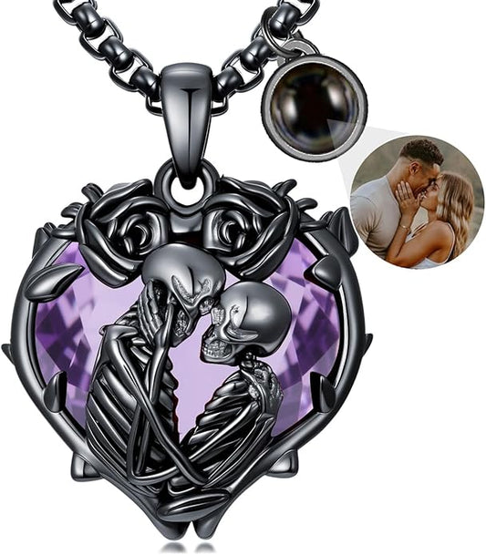 Flpruy 925 Sterling Silver Black Gothic Jewelry Gifts Skeleton Couple Pendant Crystal Birthstone Heart Necklace Punk Romantic Jewelry for Lover Men Women