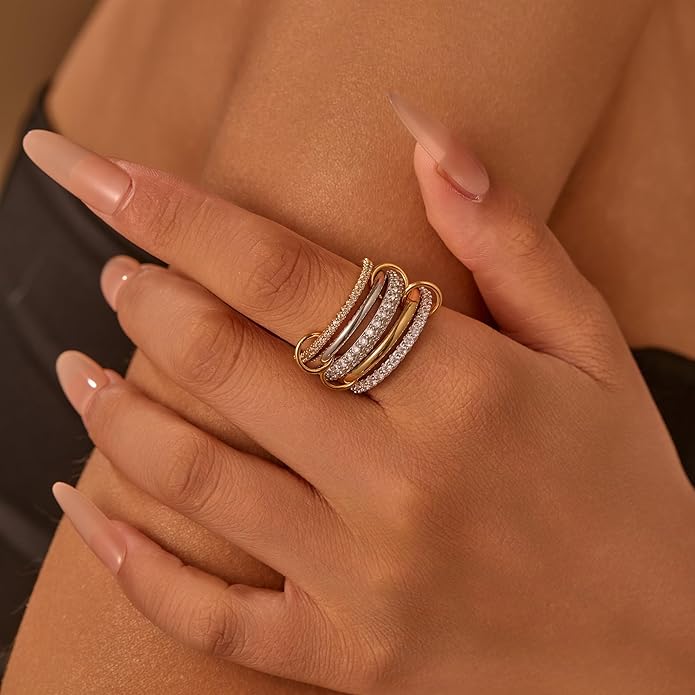 14K Gold Plated Interlocked Stackable Rings for Women Non Tarnish,Gold and Silver Cubic Zirconia Statement Rings Set,Mixed Metals Ring Two-Toned Connected Bands Stacking Jewelry