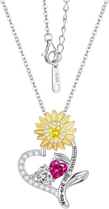 PERJI Valentine's Day Gifts for Women - 925 Sterling Silver Double Birthstone Sunflower Necklace, Anniversary Birthday Jewelry You are My Sunshine Gifts for Wife Couple Girlfriend 18"+2" Non Tarnish