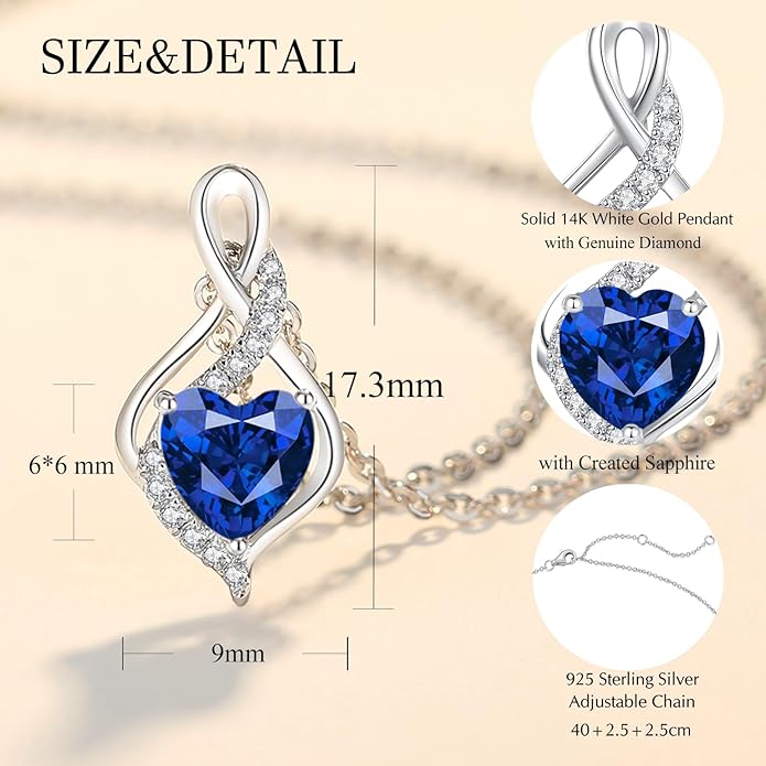 FANCIME 14K Solid White Gold Infinity Heart Birthstone Necklace for Women with Diamond Pendant Birthday Gifts for Mom Women Sterling Silver Chain 16" + 2" Extender