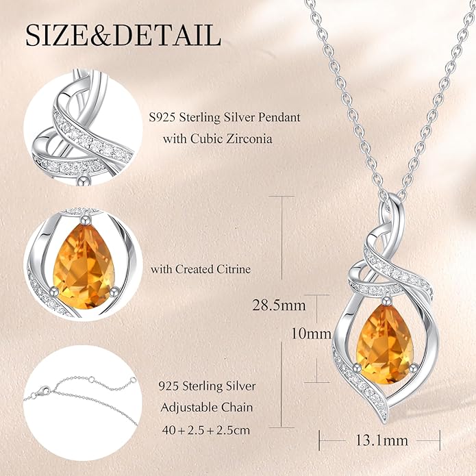 FANCIME Teardrop Gemstone Necklace for Women S925 Sterling Silver Elegant Ribbon Pendent Birthday Gifts for Her, 16"+2" Inches