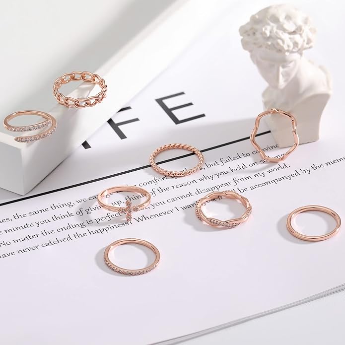 Honsny 14K Gold Plated Stacking Rings Set for Women, Stackable Knuckle Thumb Rings Thin Dainty Silver Rings for Women Wedding Eternity Band Simple Rose Gold Ring Size 4-11