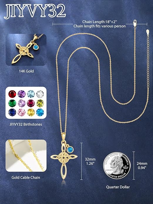 Witches Knot Necklace for Women, 14K Gold Celtic Knot Cross Jewelry with Triquetra Trinity with Birthstone Pendant, Birthday Witchy Spiritual Gifts for Her Wife Mom Grandma, 18+2 Inch Chain