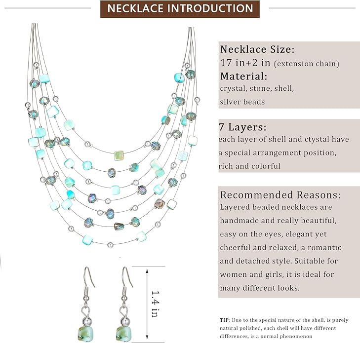 Multi-Layer Boho Shell Beaded Necklace for Women Colorful Crystal Strand with Silver Beads Statement Collars Necklace and Earrings Costumes Jewelry Sets for Women