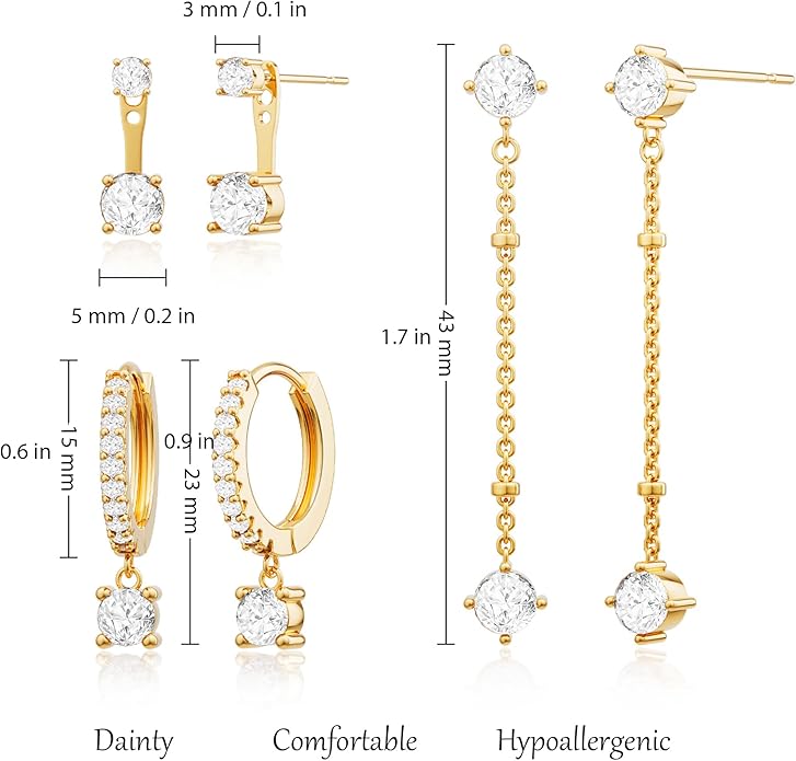 3 Pairs Earrings Set for Multiple Piercings, Gold Plated Studs Hoop Earrings Stack, CZ Dangle Earrings Set, Hypoallergenic for Sensitive Ears, Women's Gift