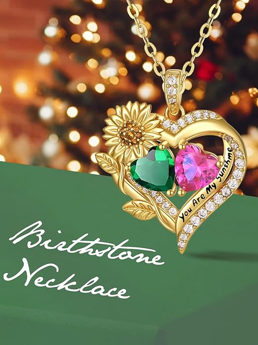 Sunflower Heart Necklace for Women 14K Gold Exquisite Anniversary Birthday Gifts for Wife Mother Her Double Birthstone Pendant jewelry‘You Are My Sunshine’