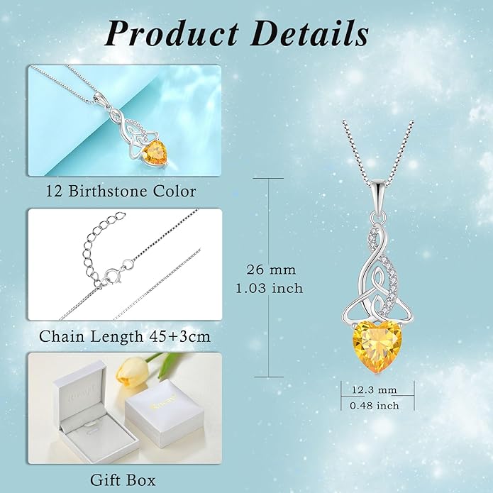 Infinity Celtic Knot Jewelry Set for Women 925 Sterling Silver Citrine Earrings and Necklace Set November Birthstone Jewelry Gifts for Her