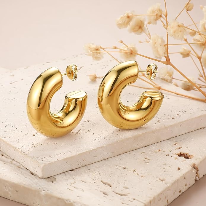8YEARS Chunky Gold Hoop Earring for Women, 18K Gold Plated Lightweight Thick Hoops, Hypoallergenic Trendy Jewelry for Gift