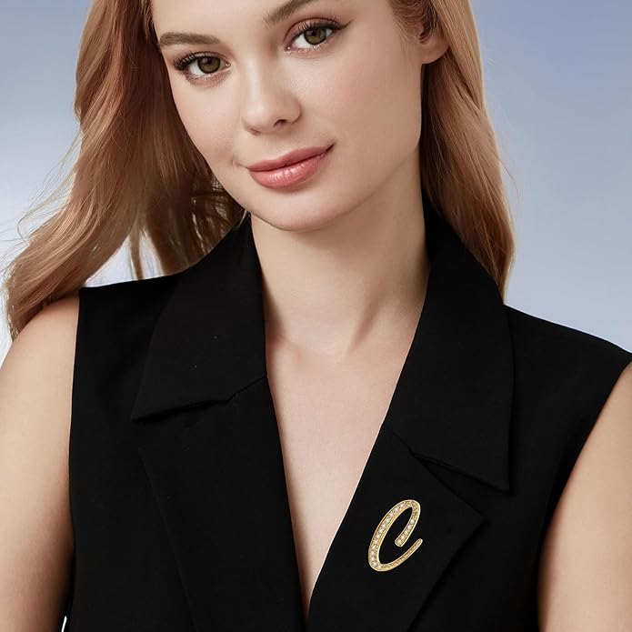 Cicy Bell A-Z Initial 26 Letter Brooch Pins 18k Gold Plated Cubic Zirconia Breastpin Name Personalized Gifts for Women Men