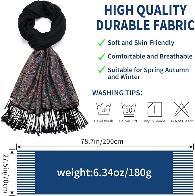 QIUTIMIY Paisley Pashmina Shawl Wrap Women Reversible Vintage Jacquard Pashmina Rave Scarf with Fringe for Evening, Wedding