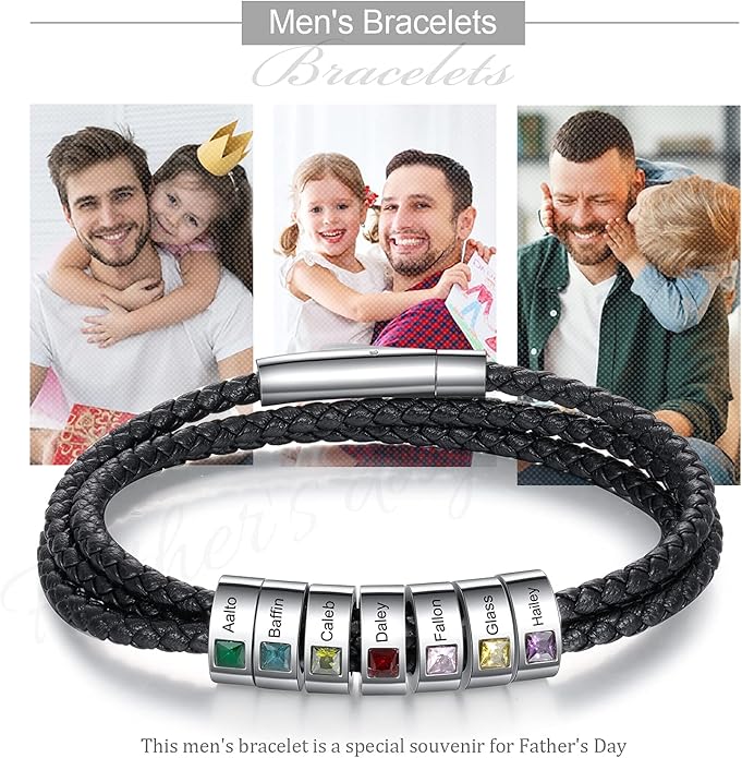 kaululu Custom Leather Bracelet for Men with 1/2/3/4/5/6/7/8 Birthstones Engraved Stainless Steel Beads Personalized Names Bracelet for Father's Day Christmas Thanksgiving Gift for Men