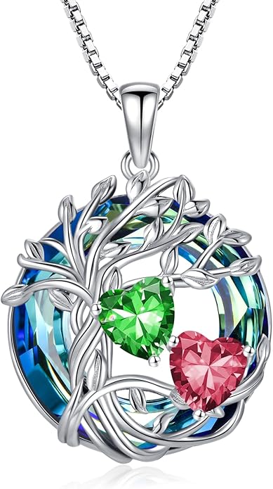 TOUPOP s925 Sterling Silver Family Celtic Tree of Life Pendant Necklaces with 2 Heart Birthstone with Blue Austrian Crystal Jewelry Birthday Anniversary Christmas Gifts for Her Wife Girlfriend Mom (18K Real White Gold Filled)