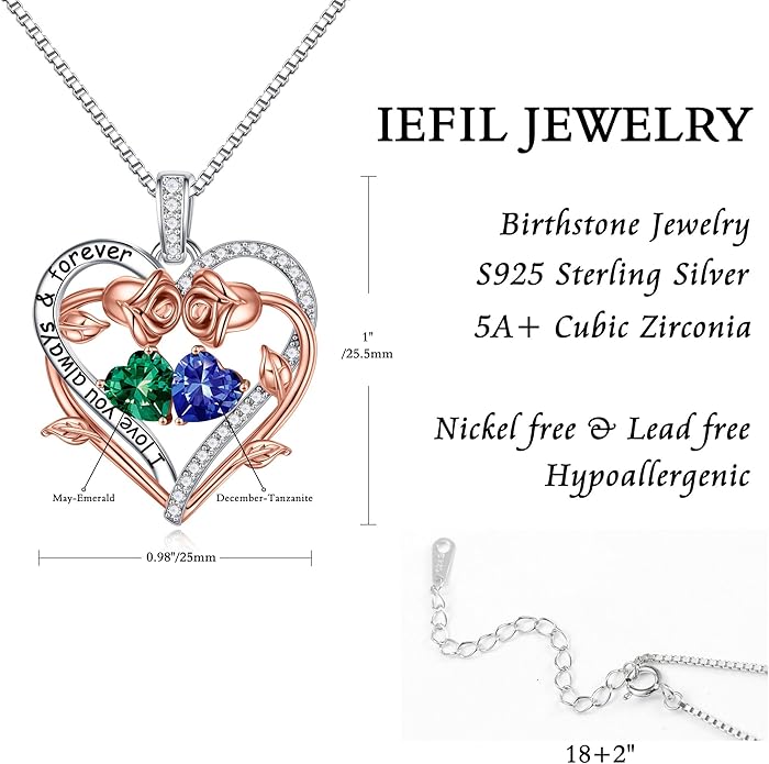 Iefil Rose Heart Double Birthstone Necklace Gifts for Wife Her Mom Women, Birthstone Jewelry Gemstone Birthday Gifts for Girlfriend Grandma Her Wife Women