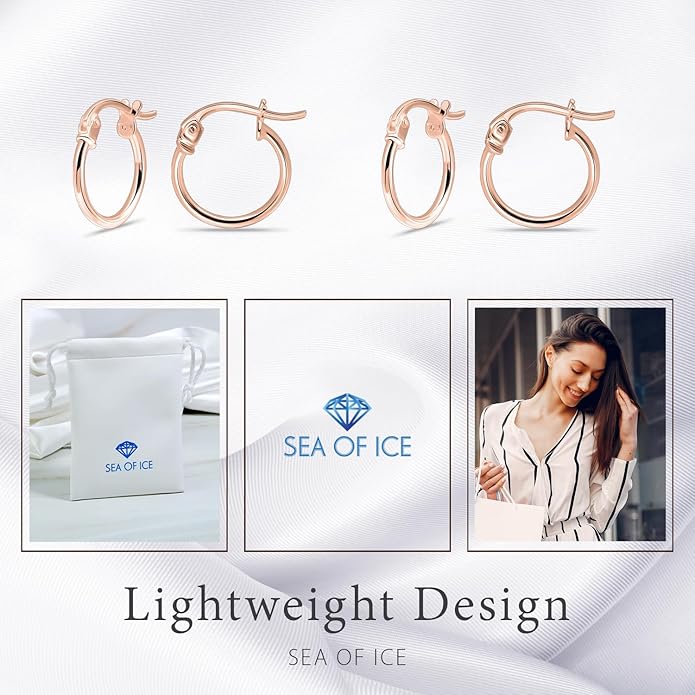 SEA OF ICE 925 Sterling Silver Hoop Earrings for Women - Hypoallergenic Earrings for Women in Sterling Silver, Yellow Gold, Rose Gold or Black Rhodium | Sizes 12MM, 15MM, 20MM or Multipack