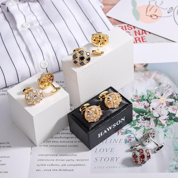 HAWSON Cufflinks for Men, Gold Diamond Crystal Cufflinks for Groom Husband Personalized Gifts, Mens Formal Wedding Business Cufflinks, Luxurious Gorgeous Cuff Links French Shirt Accessories