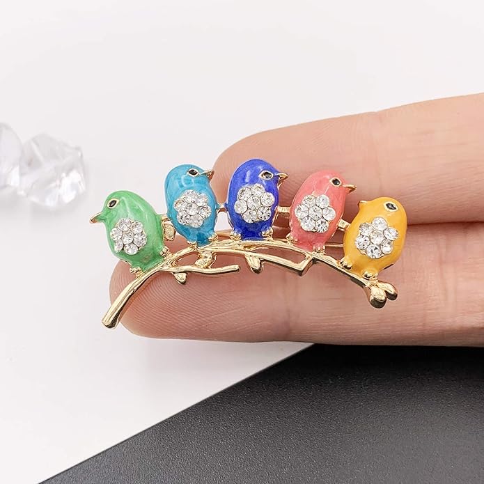 Cute Little Bird Multi Color Brooch Pin Crystal Gold Tone