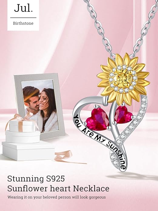 Zeuslia Double Birthstone Necklace Gifts for Wife - 925 Sterling Silver Sunflower/Rose/Crown Cross/Compass/Heart Pendant I Love You Necklace, Anniversary Birthday Gifts for Wife Girlfriend Mom Her