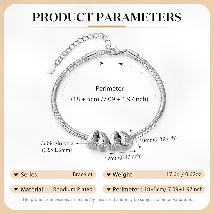 Jeweidea Personalized Foot Charm Birthstone Bracelet – Custom Engraved Bracelet with 1–5 Foot Charms, Name and Date Engraving, Meaningful Jewelry Gift for Mom Wife