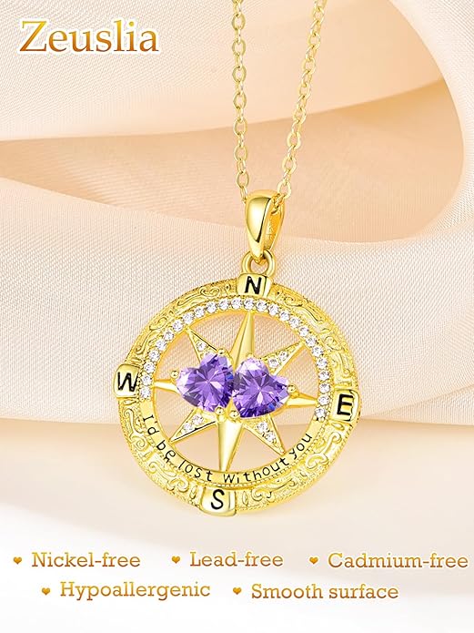 Zeuslia Double Birthstone Necklace Gifts for Wife - 925 Sterling Silver Sunflower/Rose/Crown Cross/Compass/Heart Pendant I Love You Necklace, Anniversary Birthday Gifts for Wife Girlfriend Mom Her