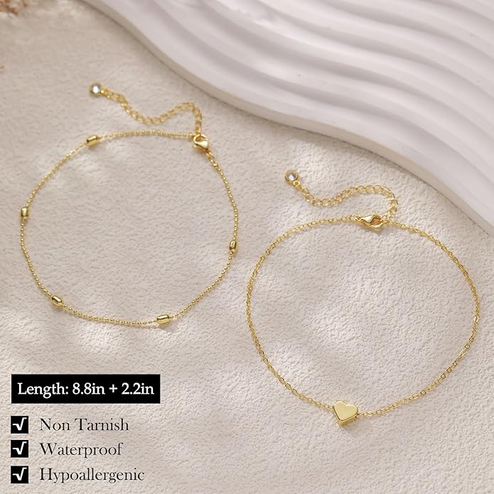 FUNEIA Gold Silver Ankle Bracelets for Women Waterproof 14K Gold Plated Anklets for Women Non Tarnish Dainty Layered Beaded Heart Anklet Set Summer Beach Foot Chain Jewelry Gifts Trendy Stuff