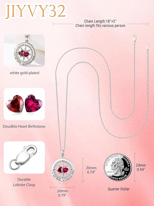 Compass Birthstones Necklace for Women, Exquisite Anniversary Birthday Gifts for Wife Her Double Birthstone Pendant jewelry ‘I'd be Lost Without You’