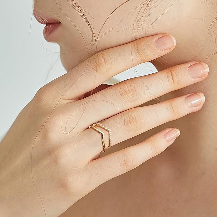 Dochais 2PCS Silver Rings for Women 925 Sterling Silver 14k Gold Plated Wishbone Ring Non Tarnish Wedding Bands Stackable Dainty V Shaped Rings CZ Wedding Rings Promise Ring Engagement 5-10
