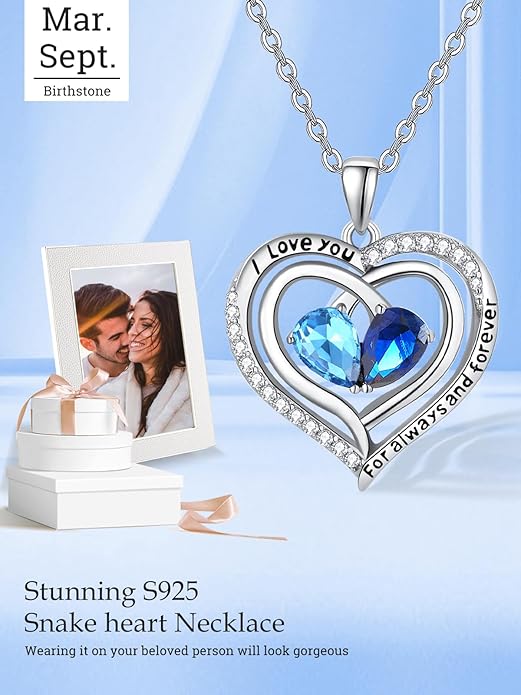 Zeuslia Double Birthstone Necklace Gifts for Wife - 925 Sterling Silver Sunflower/Rose/Crown Cross/Compass/Heart Pendant I Love You Necklace, Anniversary Birthday Gifts for Wife Girlfriend Mom Her