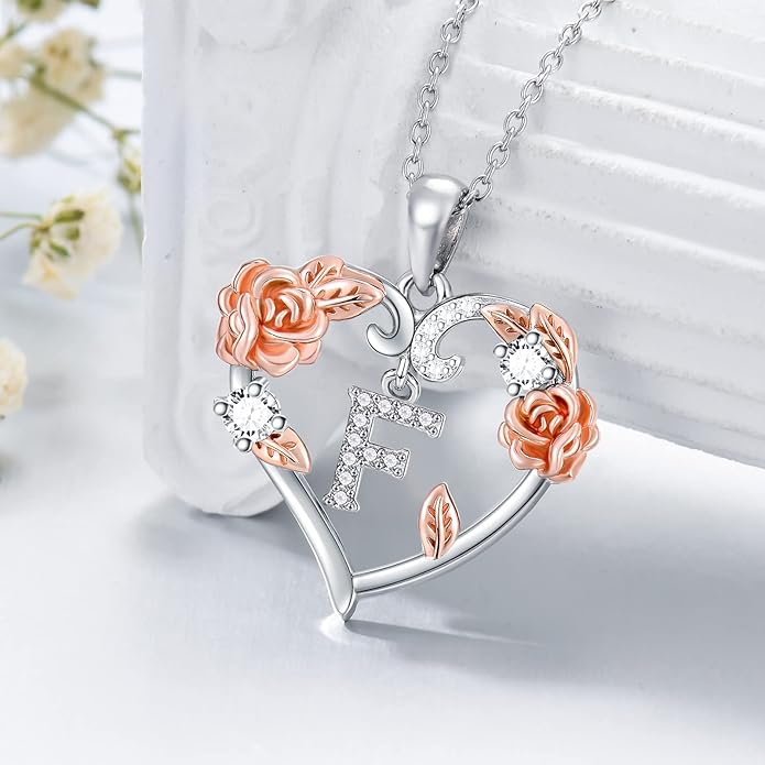 AOBOCO Rose Heart Necklaces Valentines Gifts for Women, 925 Sterling Silver Rose Love Heart Initial Letter Pendant Necklace Jewelry Mothers Day Christmas Birthday Gifts for Her Mom Wife Girlfriend