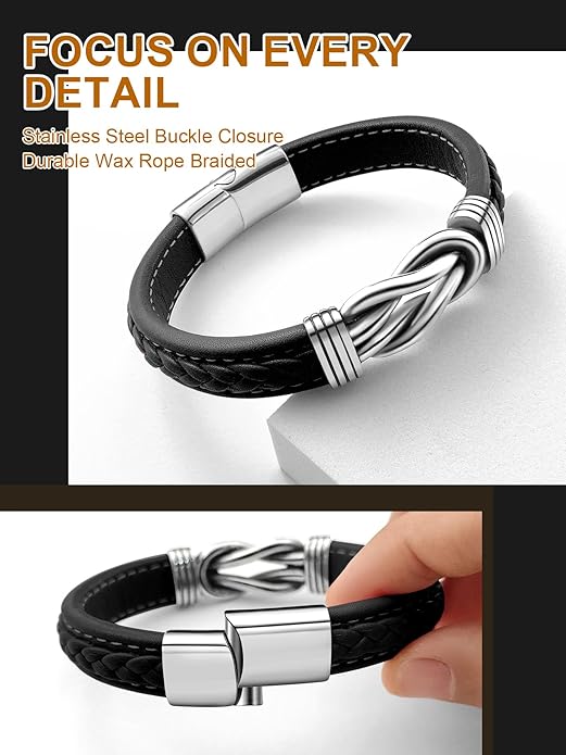 Mens Black Braided Leather Bracelet, Green/Red/Brown/Black Braided Leather Infinity Knot Bracelets for Men with Stainless Steel Clasp, 7.5/8.5/9in Length