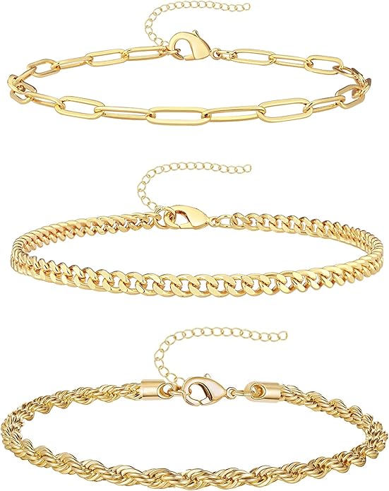 Gold Bracelets for Women Trendy,14K Gold Plated Dainty Stackable Paperclip Cuban Link Chain Bracelets, Simple Cute Cuff Bracelets Jewelry Set Adjustable 7"+2"