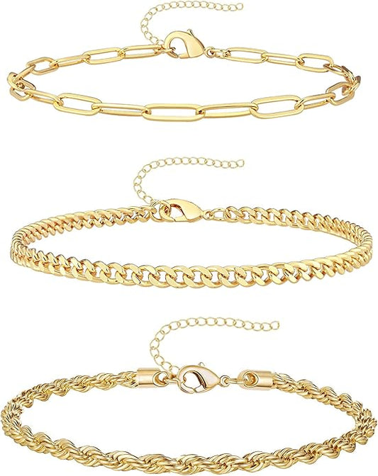 Gold Bracelets for Women Trendy,14K Gold Plated Dainty Stackable Paperclip Cuban Link Chain Bracelets, Simple Cute Cuff Bracelets Jewelry Set Adjustable 7"+2"