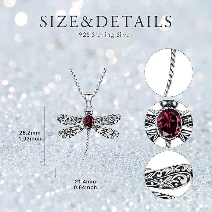 Vintage Dragonfly Necklace for Women 925 Sterling Silver, Oval Birthstone Dragonfly Pendant Boho Jewelry Birthday Gift for Her, Mom, Grandma